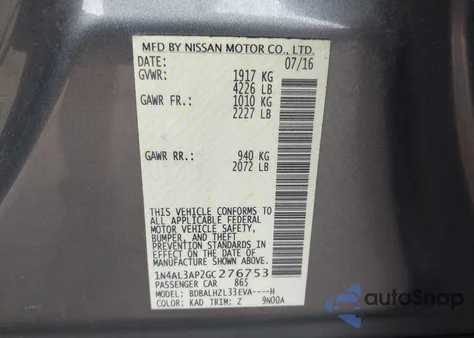 2016 Nissan Altima 2.5 Sr z USA, uszkodzony, nr VIN 1N4AL3AP2GC276753